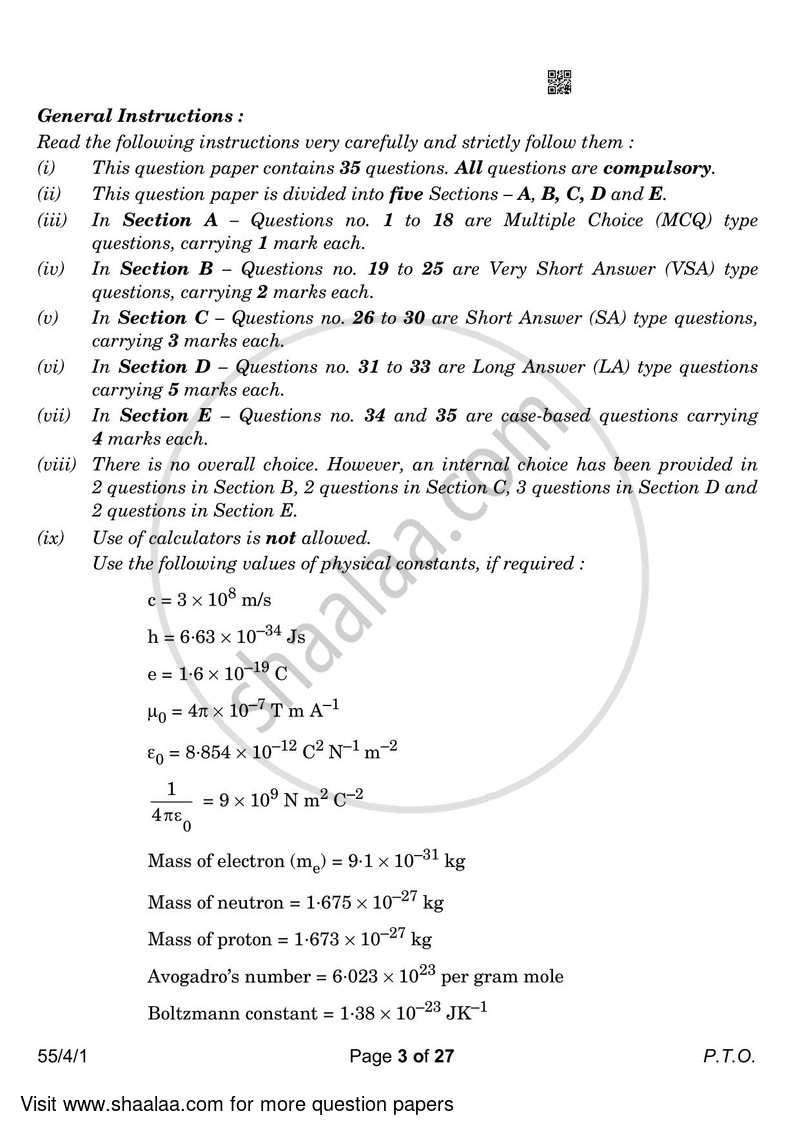 Physics 2022-2023 - CBSE 12th - Class 12 - CBSE (Central Board of Secondary Education) question paper with PDF download