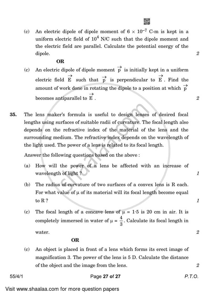 Physics 2022-2023 - CBSE 12th - Class 12 - CBSE (Central Board of Secondary Education) question paper with PDF download
