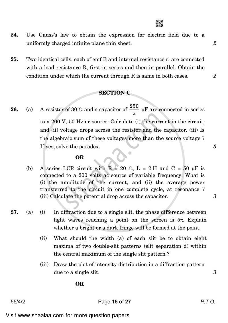 Physics 2022-2023 - CBSE 12th - Class 12 - CBSE (Central Board of Secondary Education) question paper with PDF download