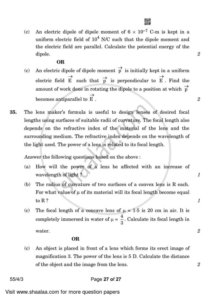 Physics 2022-2023 - CBSE 12th - Class 12 - CBSE (Central Board of Secondary Education) question paper with PDF download