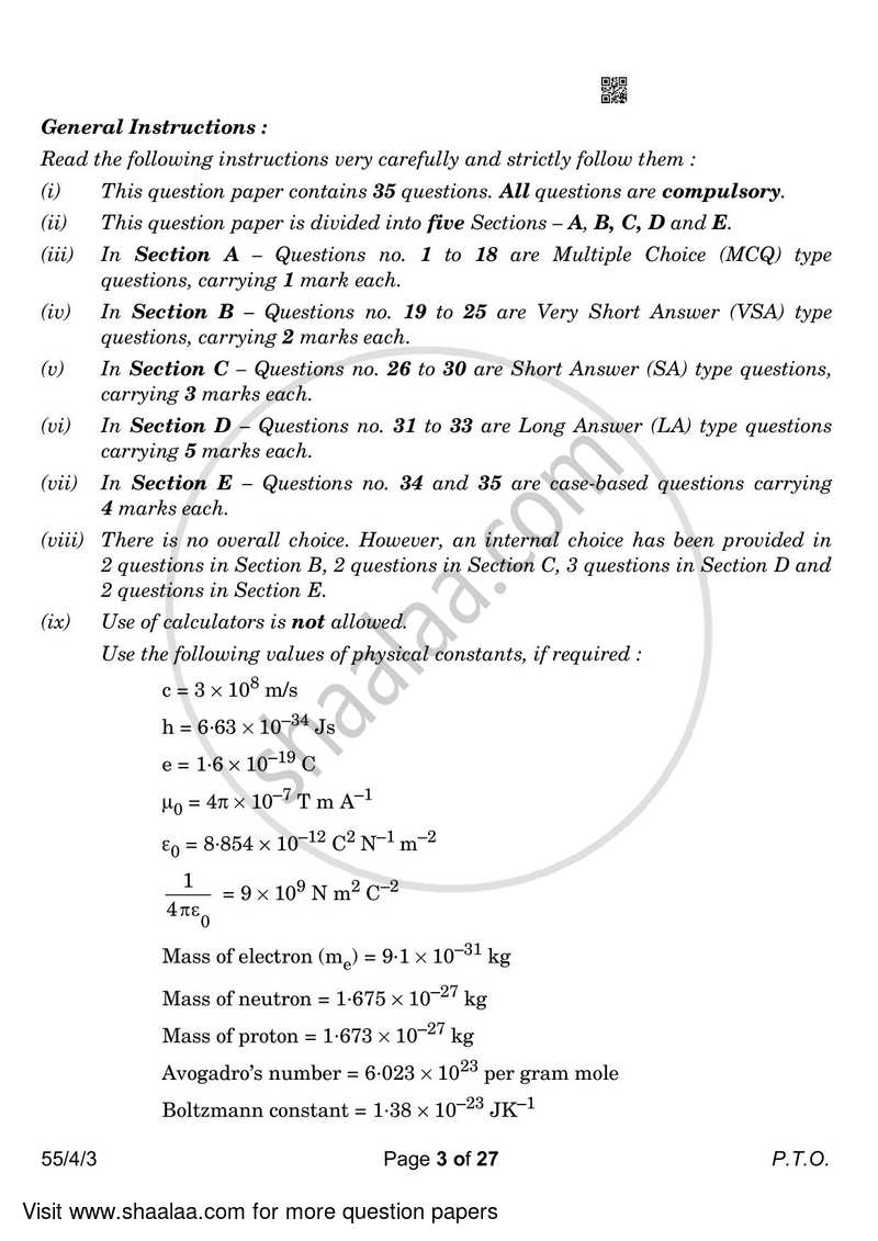 Physics 2022-2023 - CBSE 12th - Class 12 - CBSE (Central Board of Secondary Education) question paper with PDF download