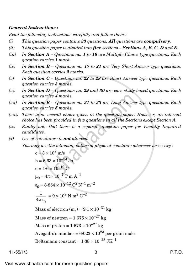 Physics 2023-2024 - CBSE 12th - Class 12 - CBSE (Central Board of Secondary Education) question paper with PDF download