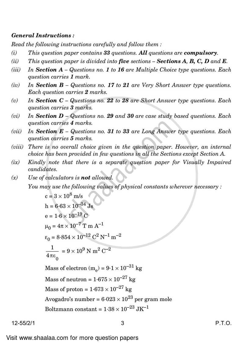 Physics 2023-2024 - CBSE 12th - Class 12 - CBSE (Central Board of Secondary Education) question paper with PDF download