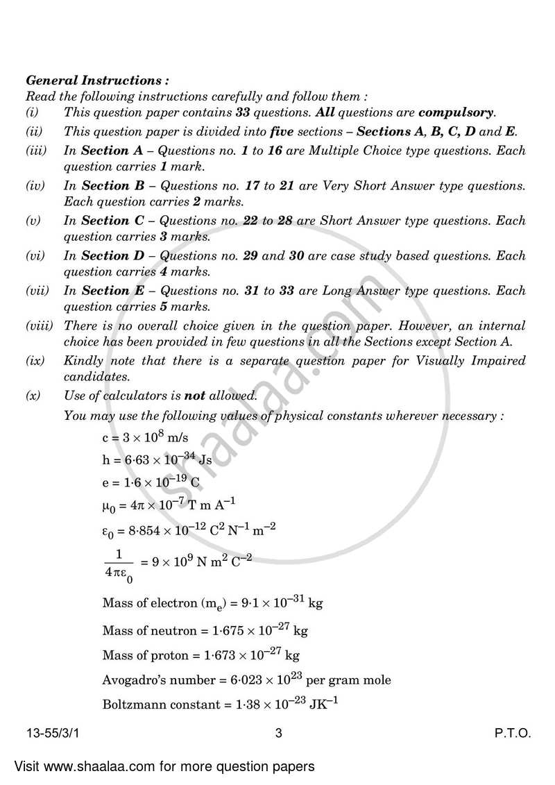 Physics 2023-2024 - CBSE 12th - Class 12 - CBSE (Central Board of Secondary Education) question paper with PDF download