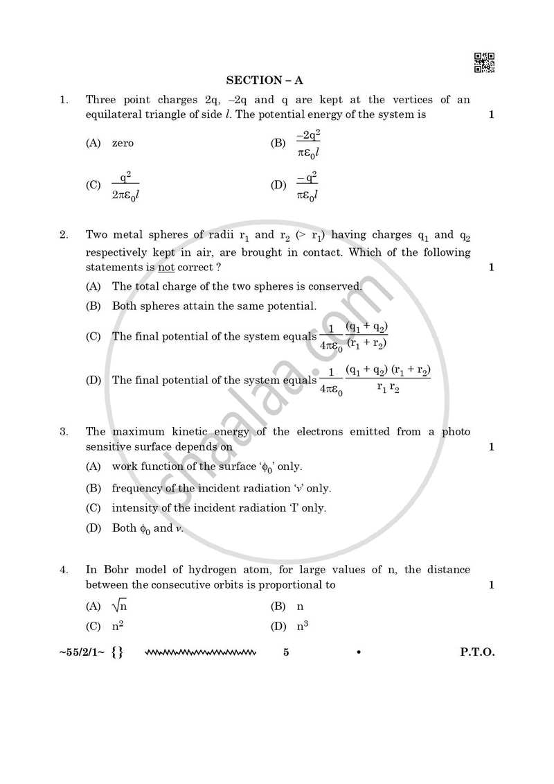 Physics 2025-2026 - CBSE 12th - Class 12 - CBSE (Central Board of Secondary Education) question paper with PDF download