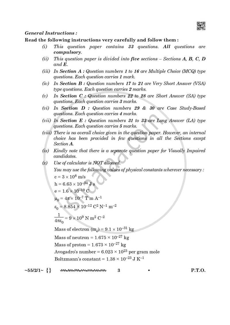 Physics 2025-2026 - CBSE 12th - Class 12 - CBSE (Central Board of Secondary Education) question paper with PDF download