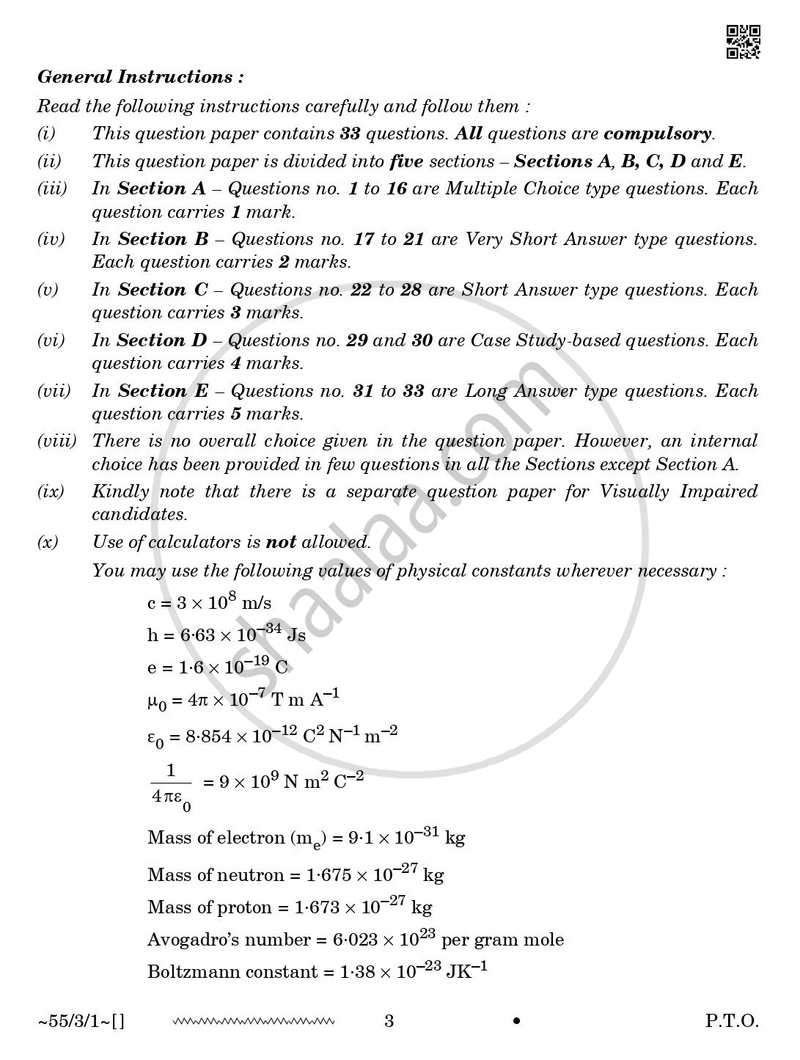 Physics 2025-2026 - CBSE 12th - Class 12 - CBSE (Central Board of Secondary Education) question paper with PDF download