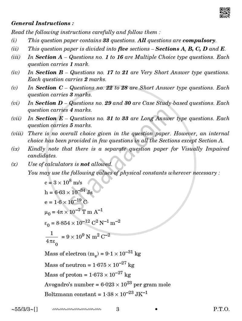 Physics 2025-2026 - CBSE 12th - Class 12 - CBSE (Central Board of Secondary Education) question paper with PDF download