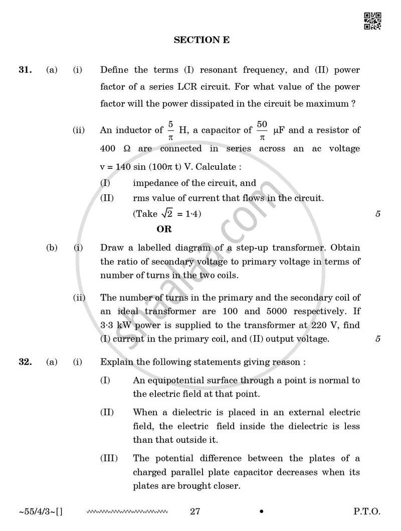 Physics 2025-2026 - CBSE 12th - Class 12 - CBSE (Central Board of Secondary Education) question paper with PDF download
