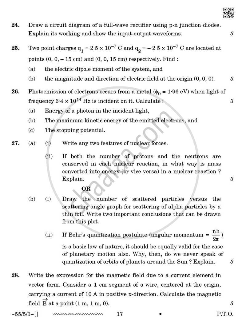 Physics 2025-2026 - CBSE 12th - Class 12 - CBSE (Central Board of Secondary Education) question paper with PDF download