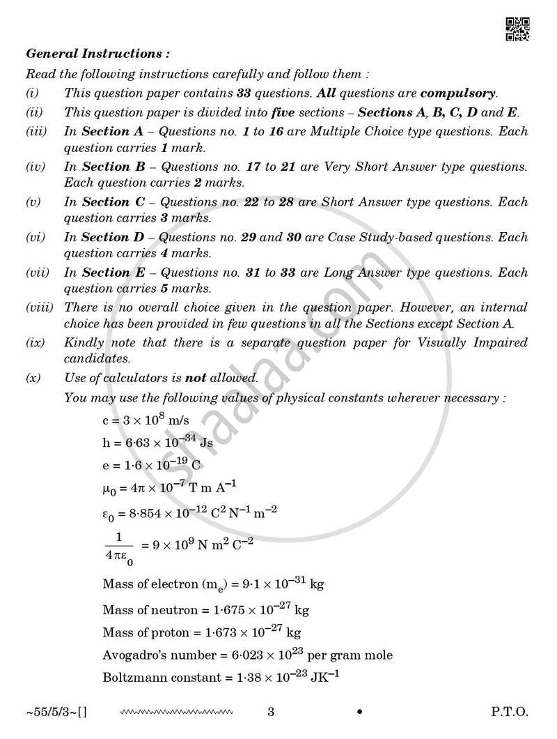 Physics 2025-2026 - CBSE 12th - Class 12 - CBSE (Central Board of Secondary Education) question paper with PDF download