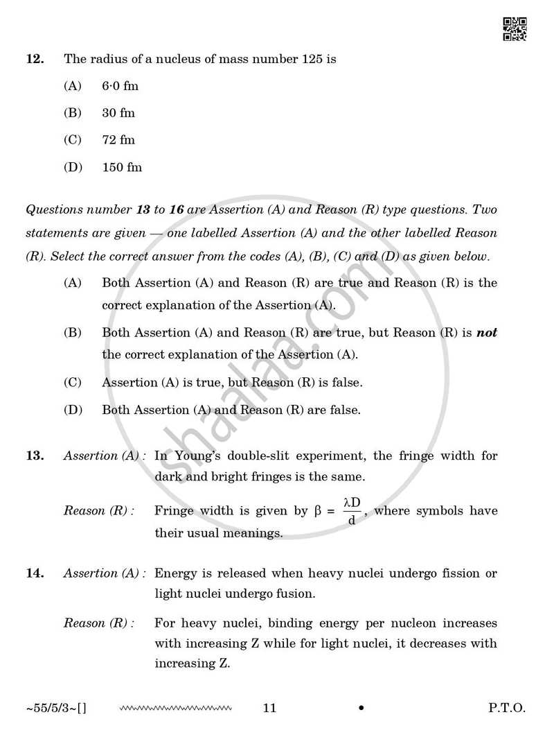 Physics 2025-2026 - CBSE 12th - Class 12 - CBSE (Central Board of Secondary Education) question paper with PDF download