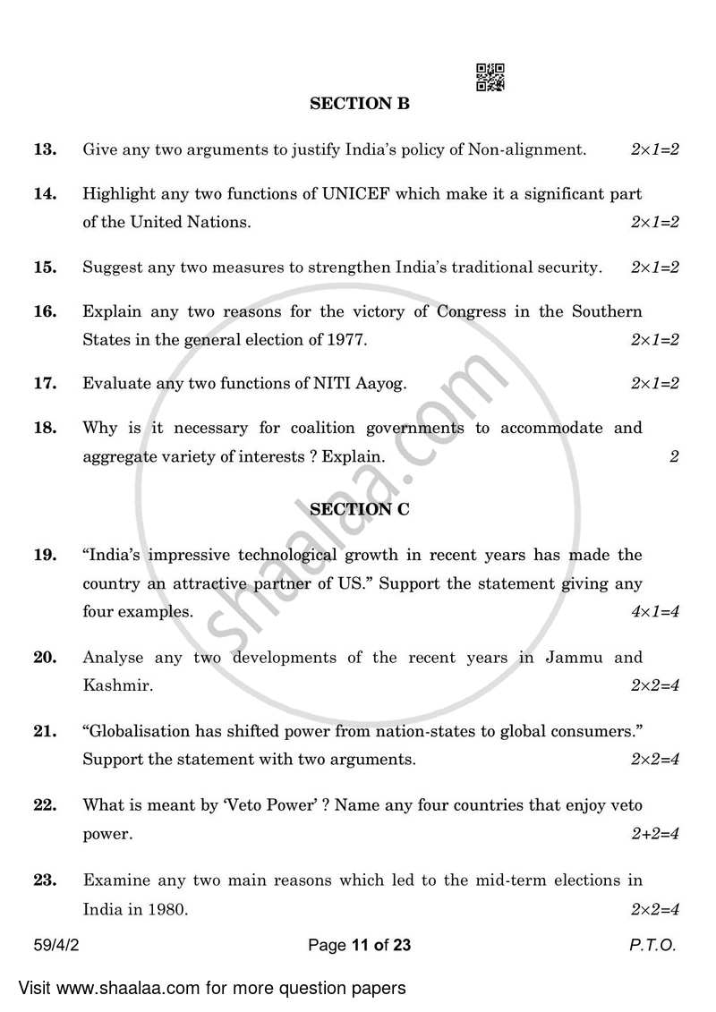 Political Science 2022-2023 - CBSE 12th - Class 12 - CBSE (Central Board of Secondary Education) question paper with PDF download