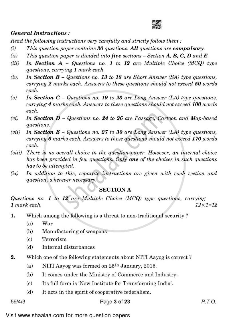 Political Science 2022-2023 - CBSE 12th - Class 12 - CBSE (Central Board of Secondary Education) question paper with PDF download