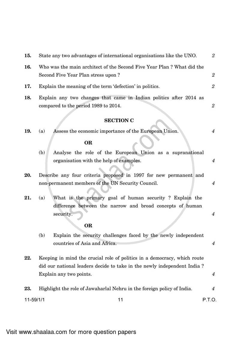 Political Science 2023-2024 - CBSE 12th - Class 12 - CBSE (Central Board of Secondary Education) question paper with PDF download