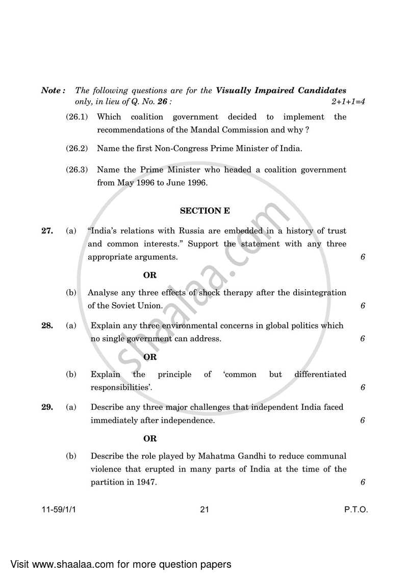 Political Science 2023-2024 - CBSE 12th - Class 12 - CBSE (Central Board of Secondary Education) question paper with PDF download