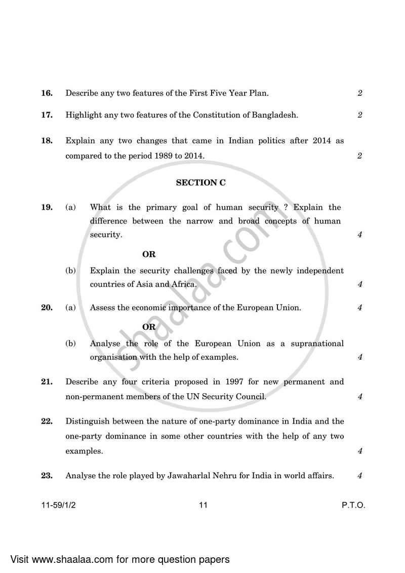 Political Science 2023-2024 - CBSE 12th - Class 12 - CBSE (Central Board of Secondary Education) question paper with PDF download