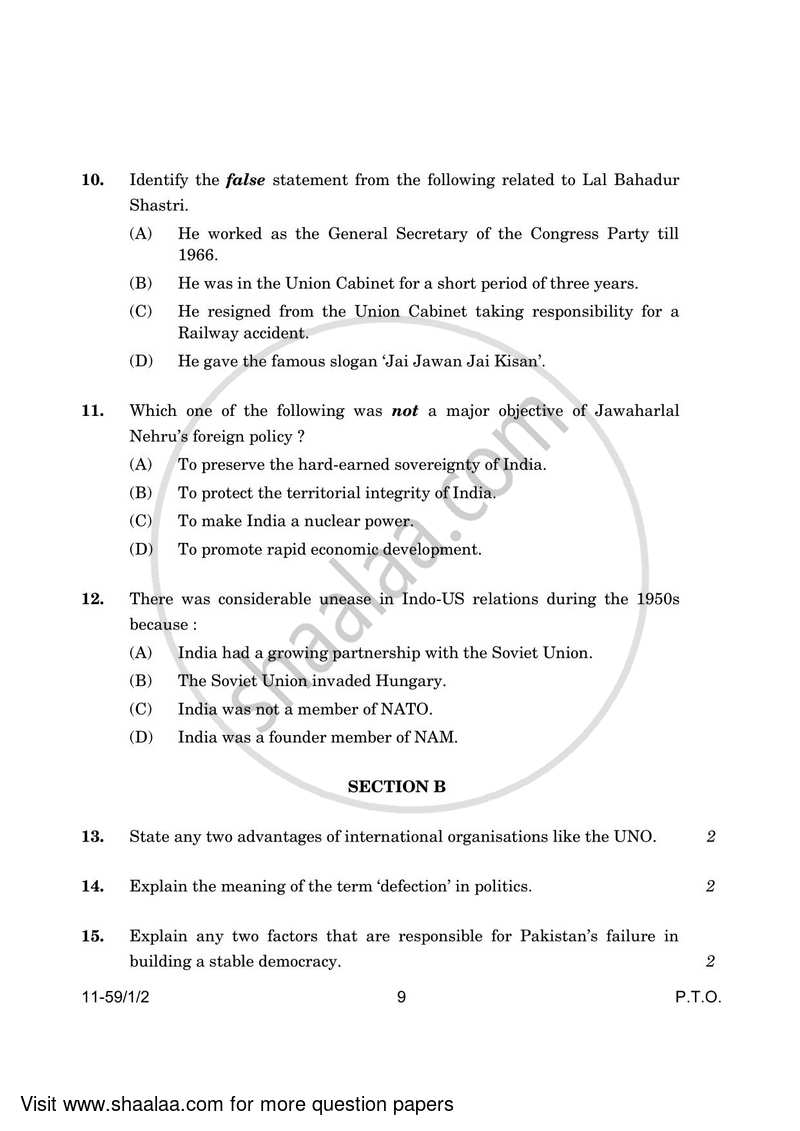 Political Science 2023-2024 - CBSE 12th - Class 12 - CBSE (Central Board of Secondary Education) question paper with PDF download