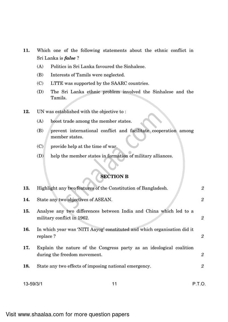 Political Science 2023-2024 - CBSE 12th - Class 12 - CBSE (Central Board of Secondary Education) question paper with PDF download