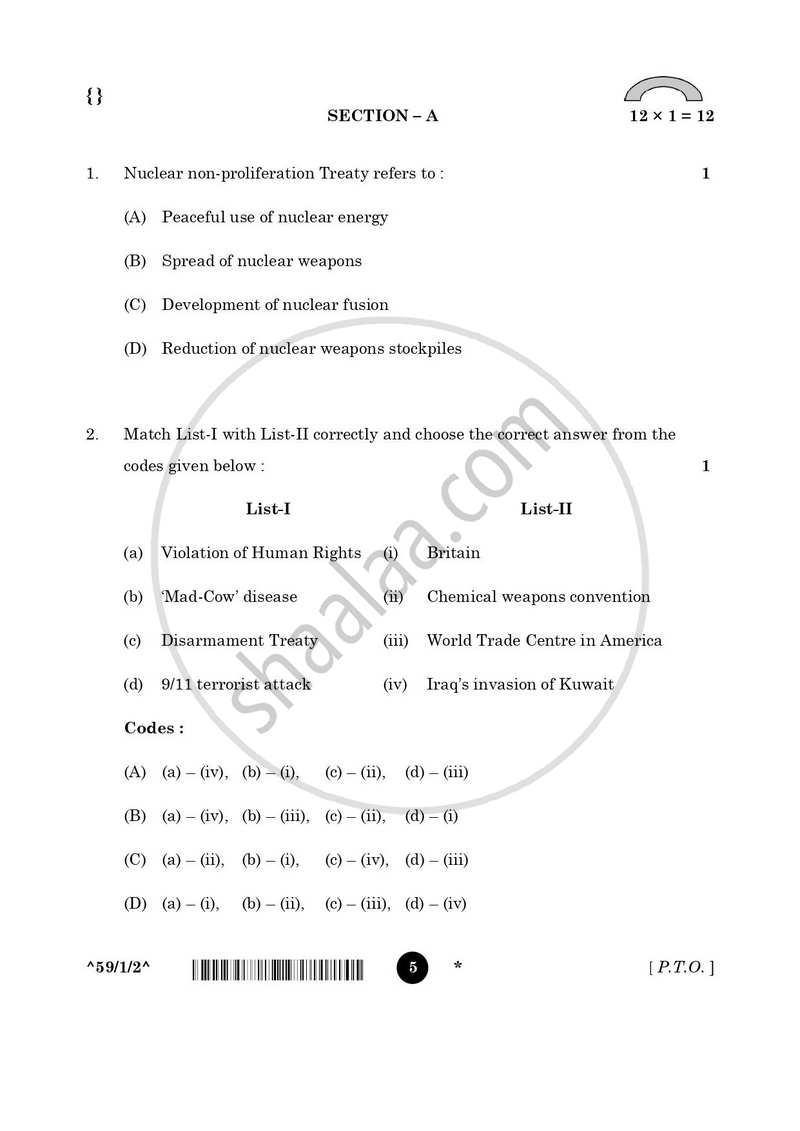 Political Science 2025-2026 - CBSE 12th - Class 12 - CBSE (Central Board of Secondary Education) question paper with PDF download