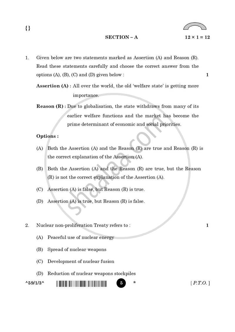 Political Science 2025-2026 - CBSE 12th - Class 12 - CBSE (Central Board of Secondary Education) question paper with PDF download