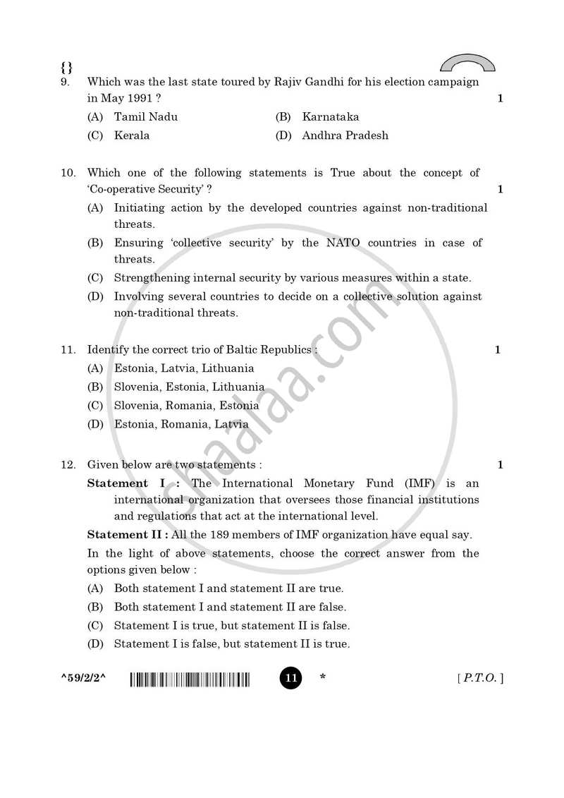 Political Science 2025-2026 - CBSE 12th - Class 12 - CBSE (Central Board of Secondary Education) question paper with PDF download