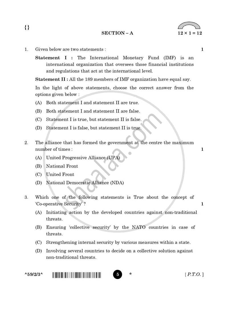 Political Science 2025-2026 - CBSE 12th - Class 12 - CBSE (Central Board of Secondary Education) question paper with PDF download