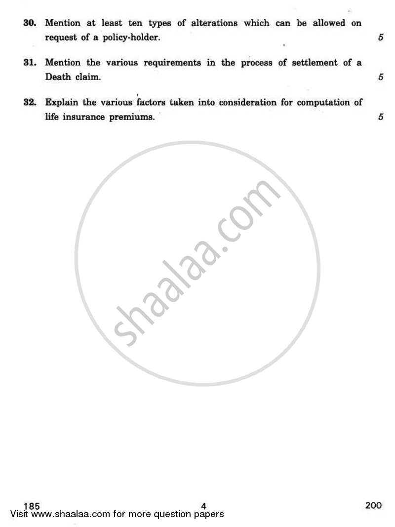 Principles and Practices of Life Insurance 2010-2011 - CBSE 12th - Class 12 - CBSE (Central Board of Secondary Education) question paper with PDF download