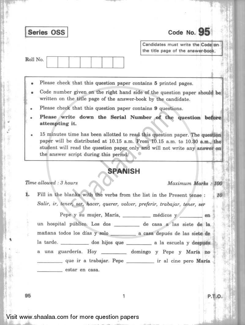 Spanish 2009-2010 - CBSE 12th - Class 12 - CBSE (Central Board of Secondary Education) question paper with PDF download
