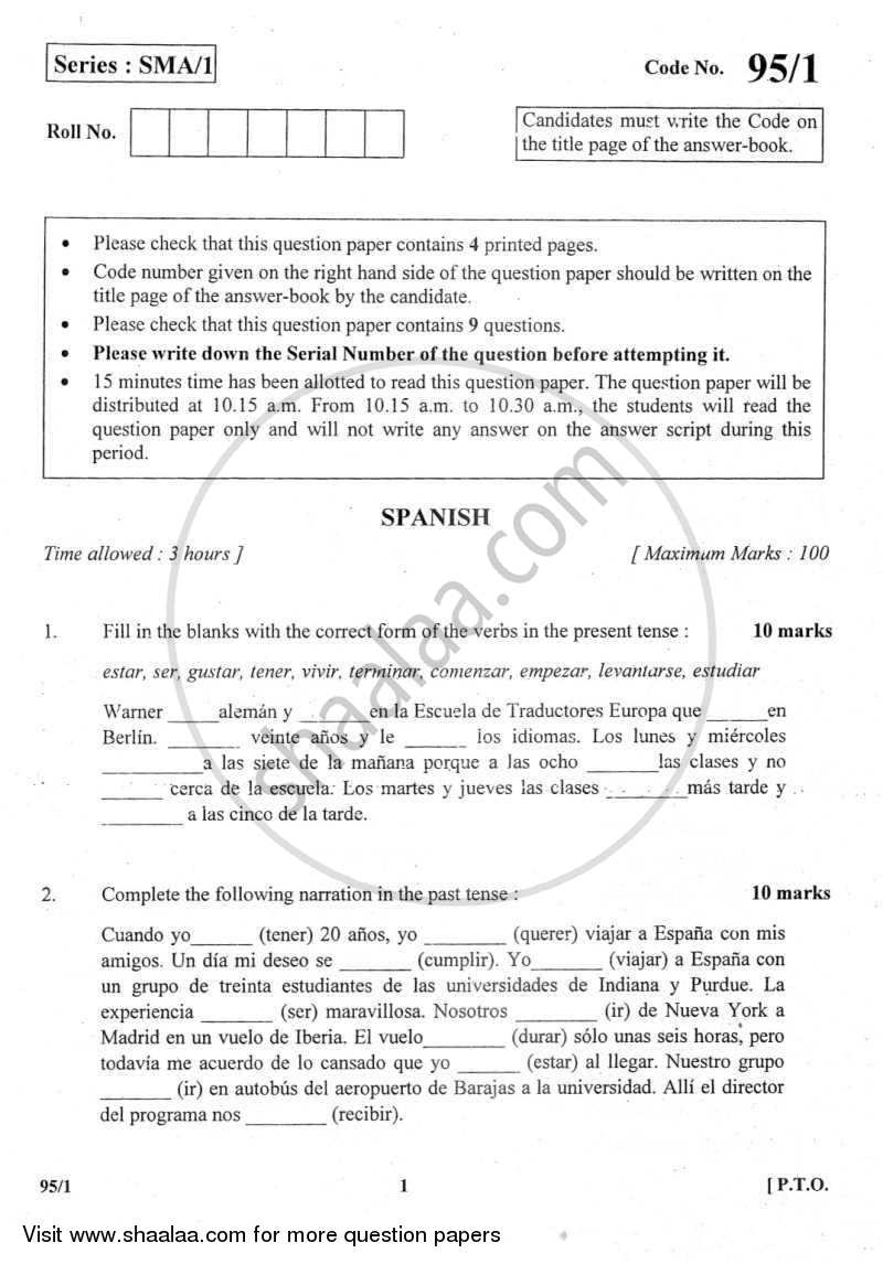 Spanish 2011-2012 - CBSE 12th - Class 12 - CBSE (Central Board of Secondary Education) question paper with PDF download