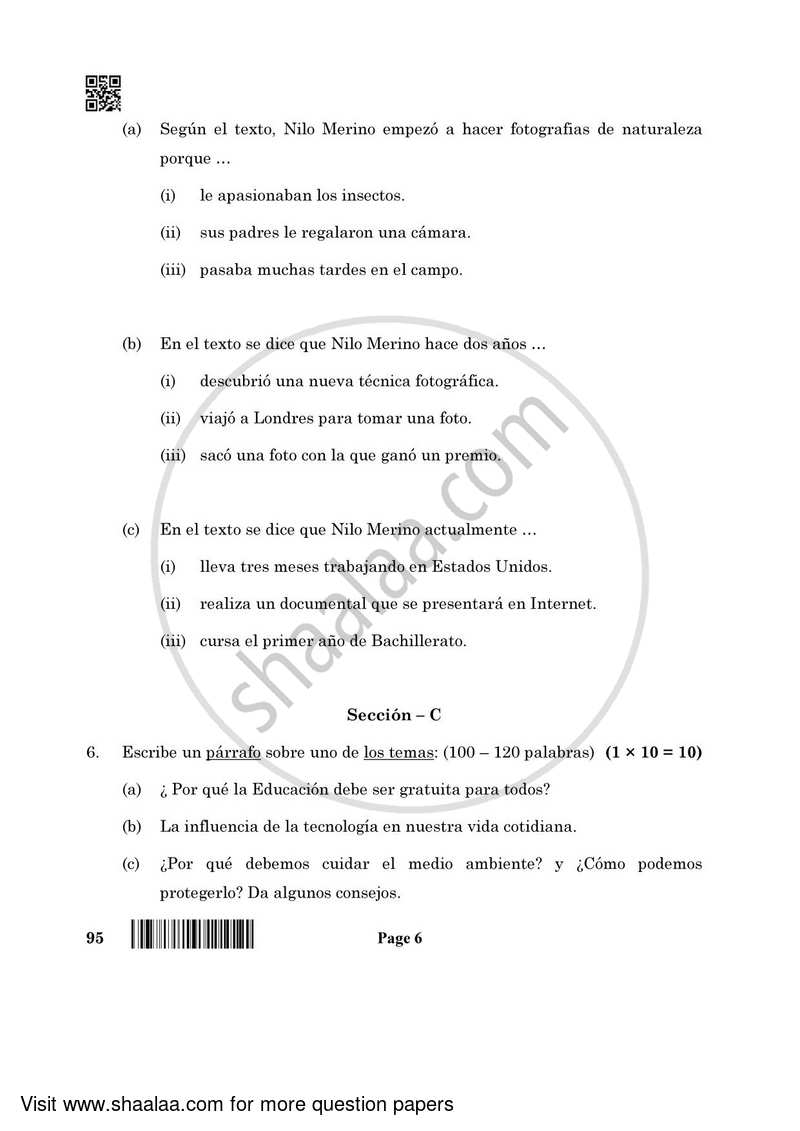 Spanish 2021-2022 - CBSE 12th - Class 12 - CBSE (Central Board of Secondary Education) question paper with PDF download