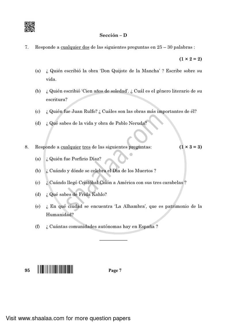 Spanish 2021-2022 - CBSE 12th - Class 12 - CBSE (Central Board of Secondary Education) question paper with PDF download