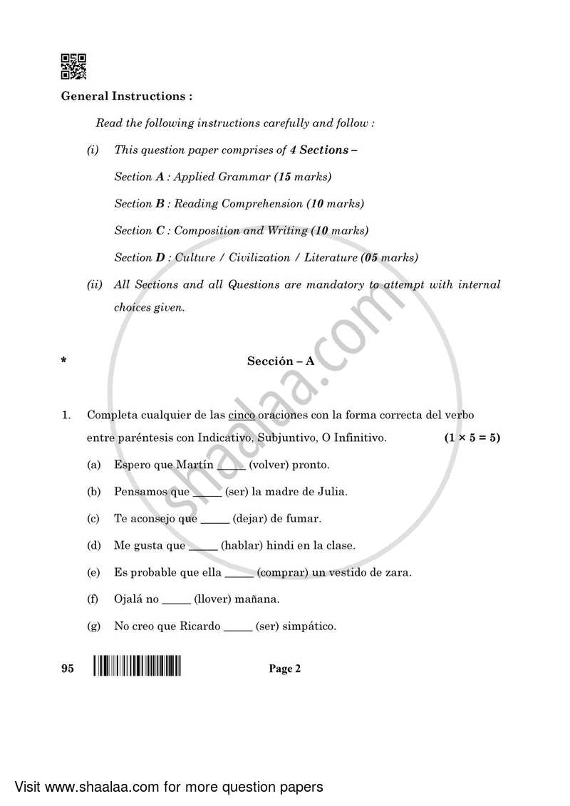 Spanish 2021-2022 - CBSE 12th - Class 12 - CBSE (Central Board of Secondary Education) question paper with PDF download