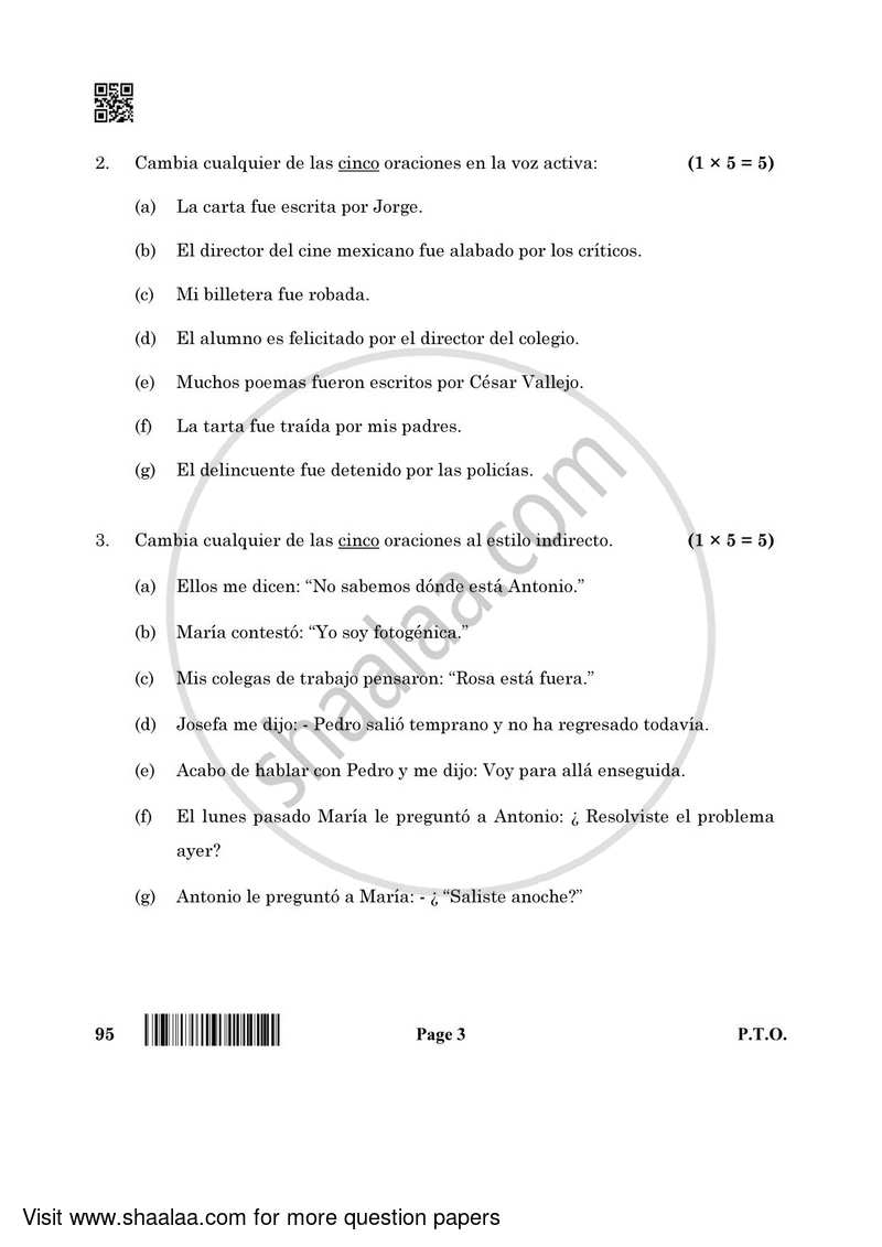 Spanish 2021-2022 - CBSE 12th - Class 12 - CBSE (Central Board of Secondary Education) question paper with PDF download