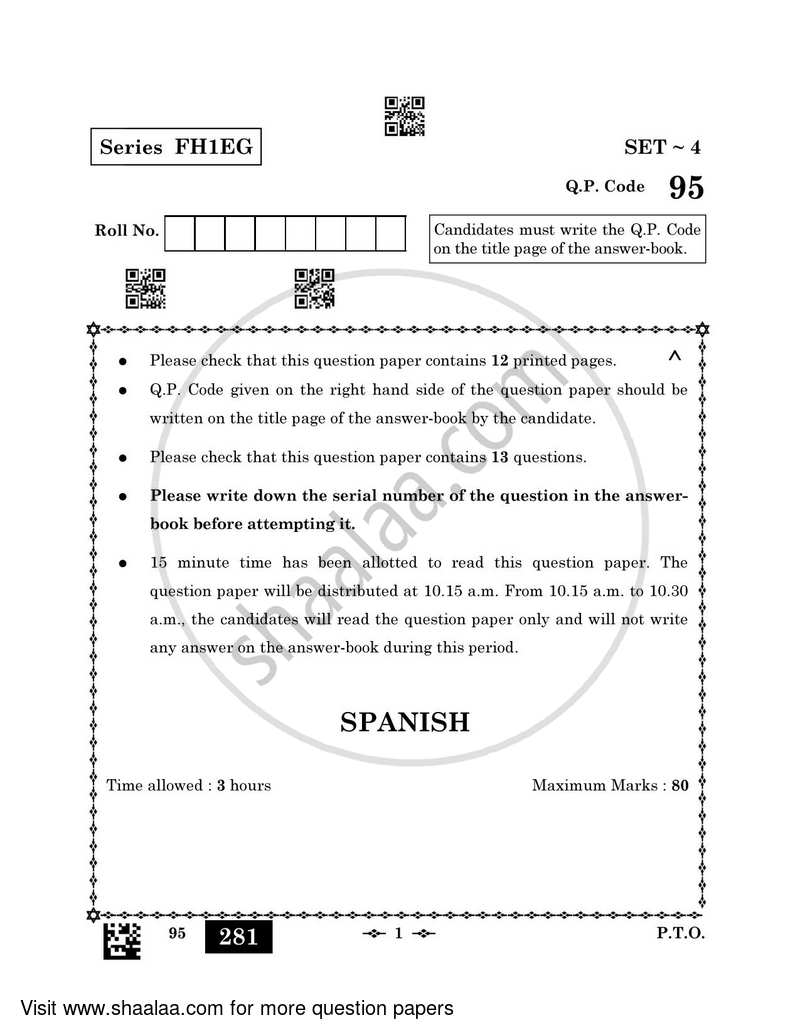Spanish 2022-2023 - CBSE 12th - Class 12 - CBSE (Central Board of Secondary Education) question paper with PDF download