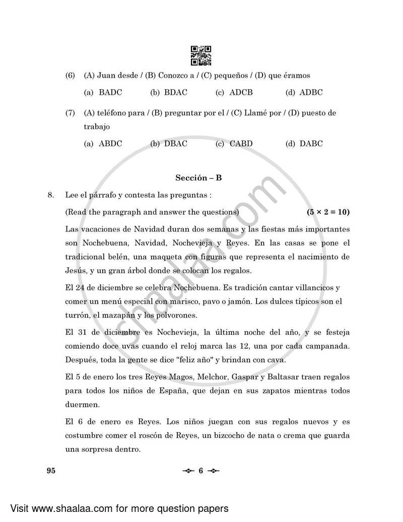 Spanish 2022-2023 - CBSE 12th - Class 12 - CBSE (Central Board of Secondary Education) question paper with PDF download