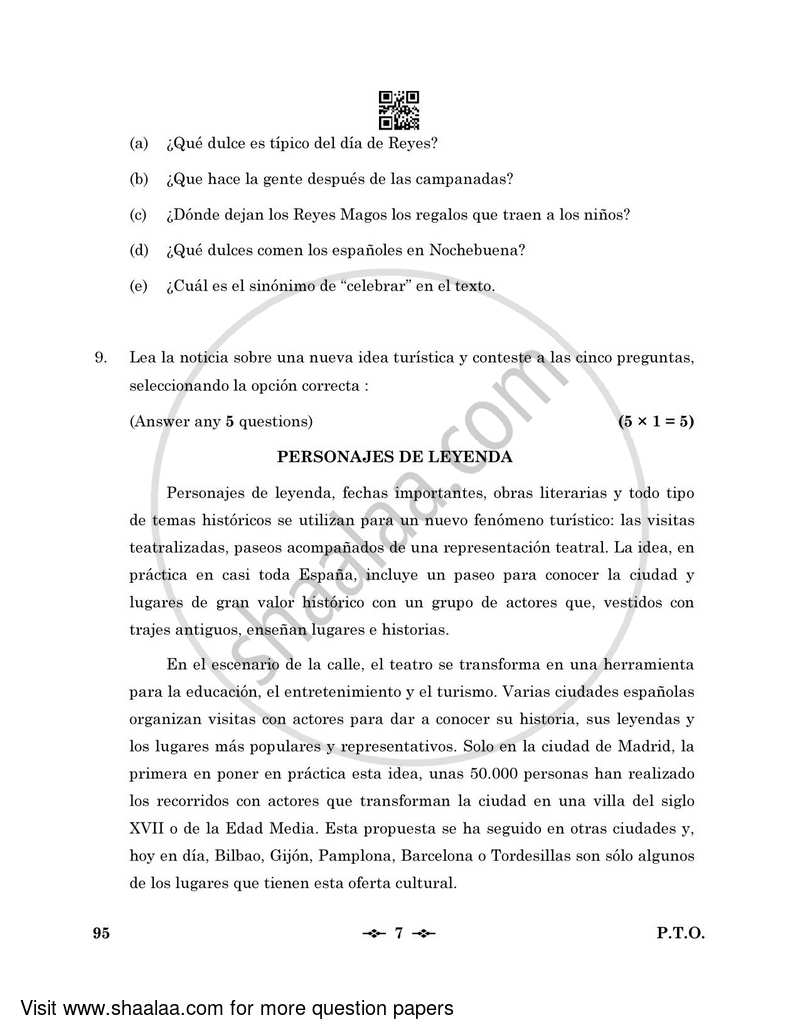 Spanish 2022-2023 - CBSE 12th - Class 12 - CBSE (Central Board of Secondary Education) question paper with PDF download