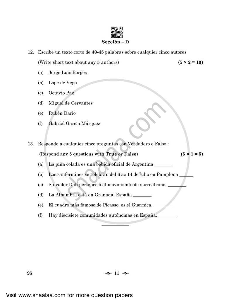 Spanish 2022-2023 - CBSE 12th - Class 12 - CBSE (Central Board of Secondary Education) question paper with PDF download