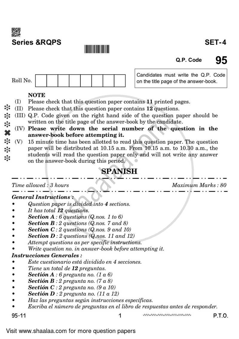 Spanish 2023-2024 - CBSE 12th - Class 12 - CBSE (Central Board of Secondary Education) question paper with PDF download