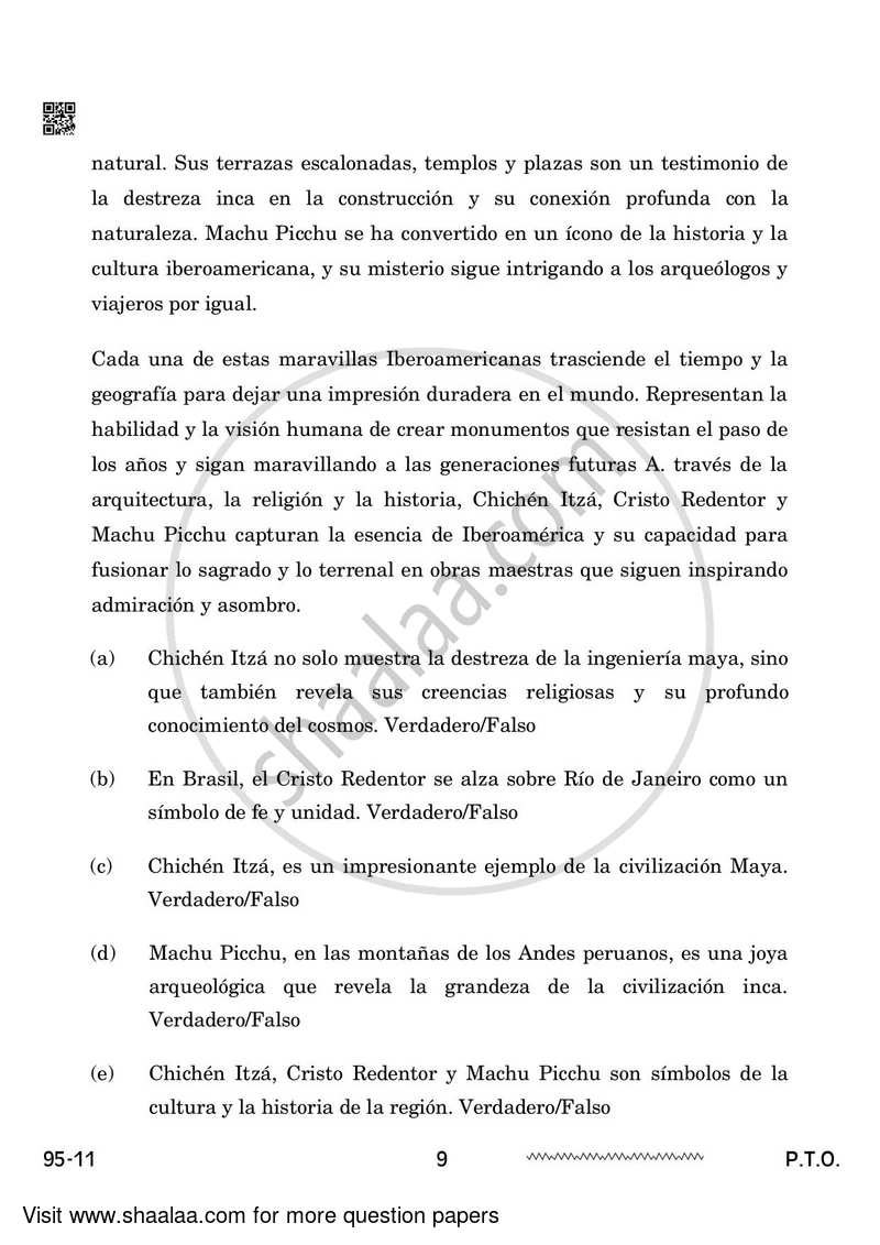 Spanish 2023-2024 - CBSE 12th - Class 12 - CBSE (Central Board of Secondary Education) question paper with PDF download