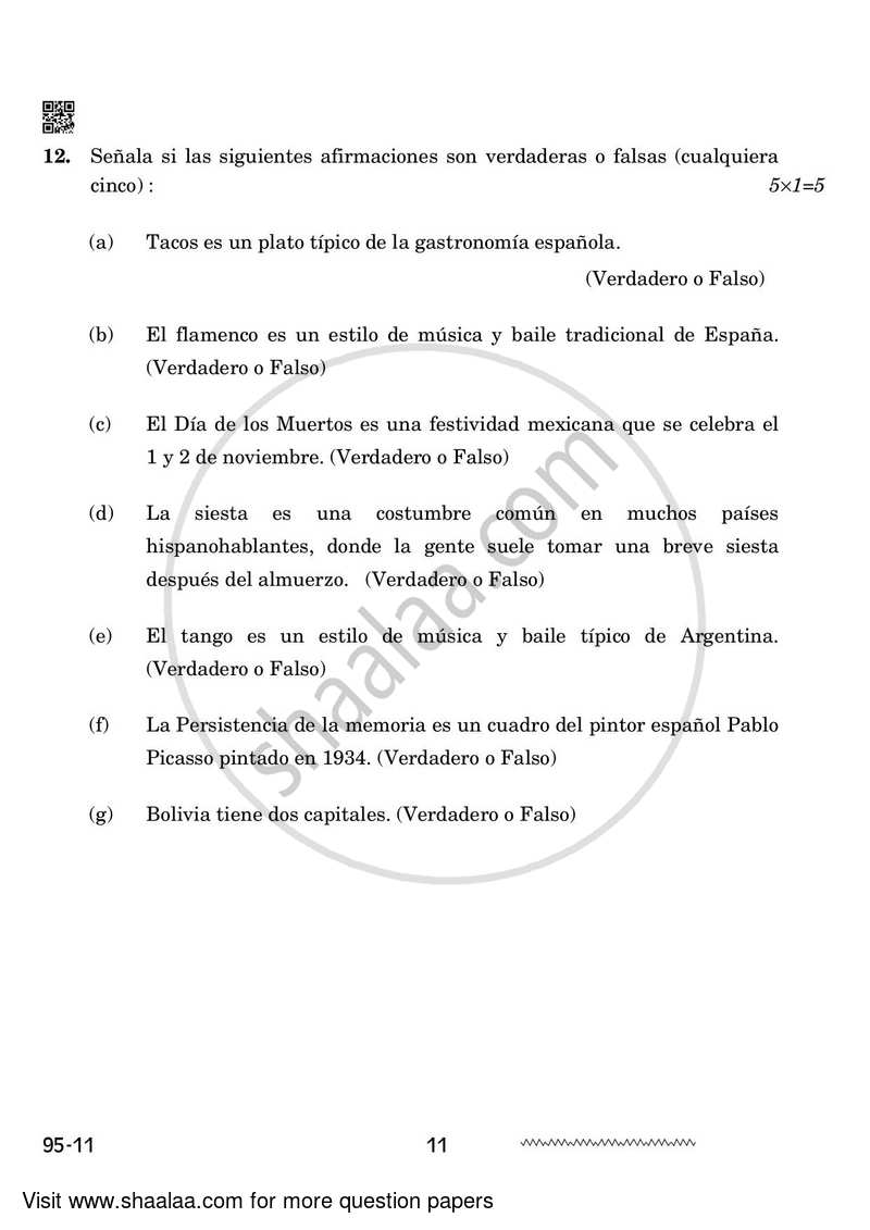 Spanish 2023-2024 - CBSE 12th - Class 12 - CBSE (Central Board of Secondary Education) question paper with PDF download
