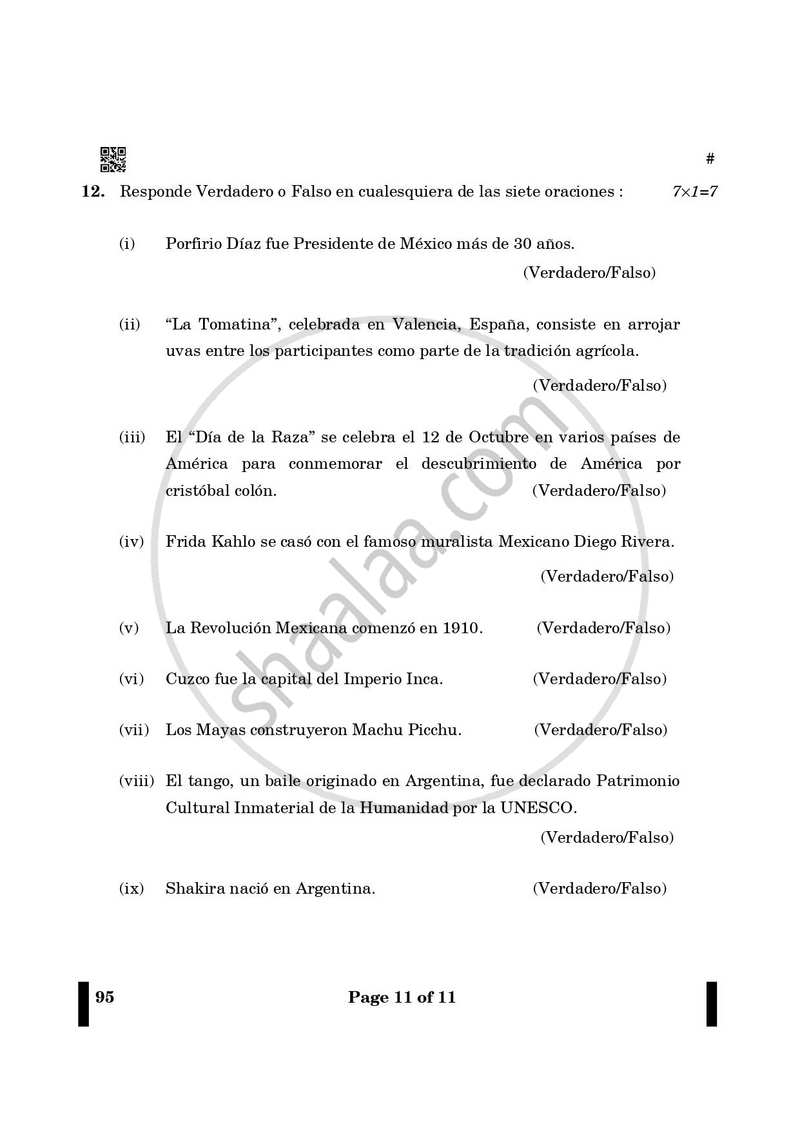 Spanish 2024-2025 - CBSE 12th - Class 12 - CBSE (Central Board of Secondary Education) question paper with PDF download