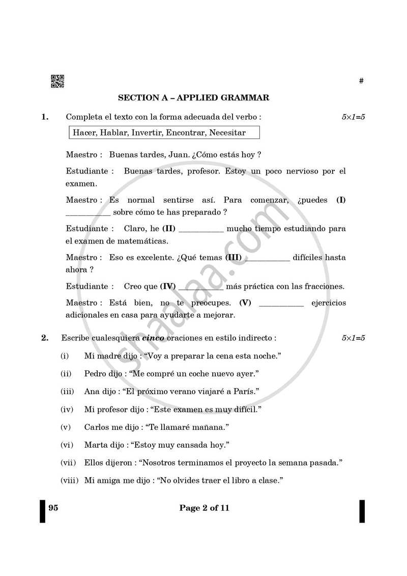 Spanish 2024-2025 - CBSE 12th - Class 12 - CBSE (Central Board of Secondary Education) question paper with PDF download