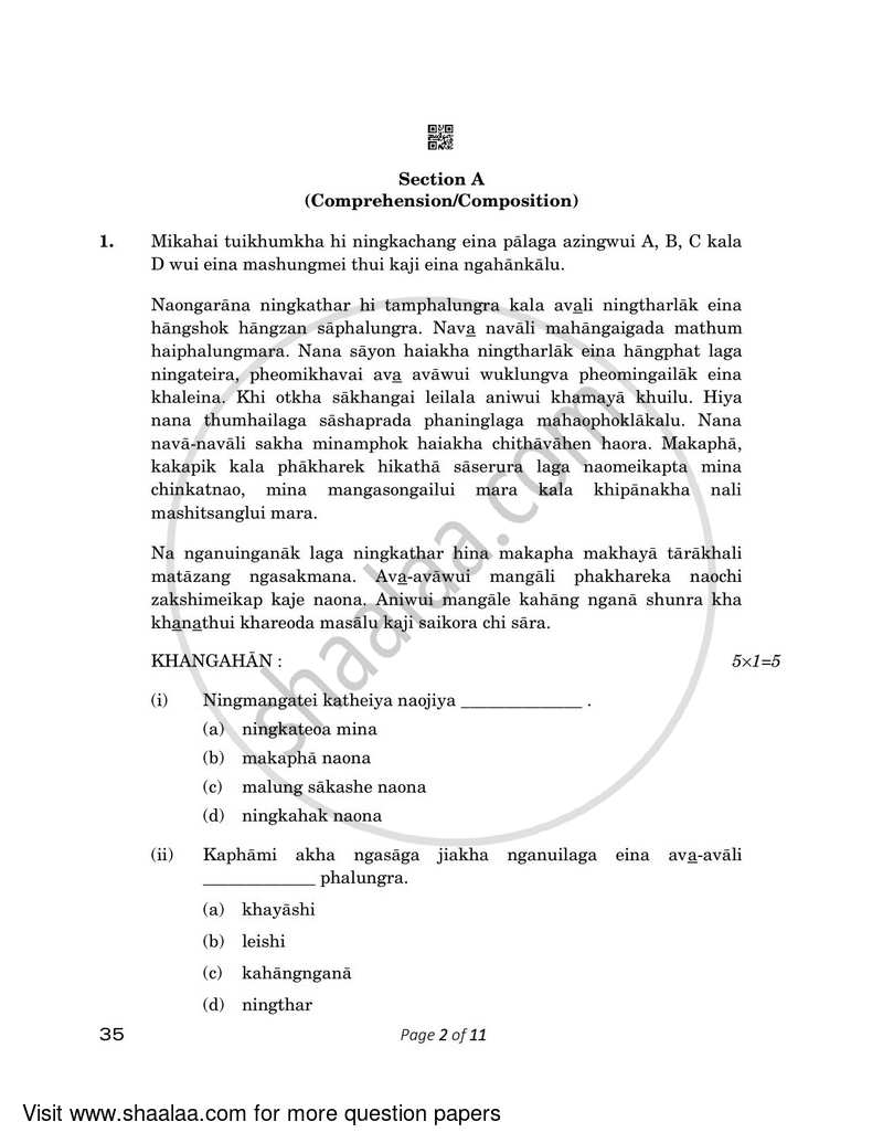 Tangkhul 2022-2023 - CBSE 12th - Class 12 - CBSE (Central Board of Secondary Education) question paper with PDF download