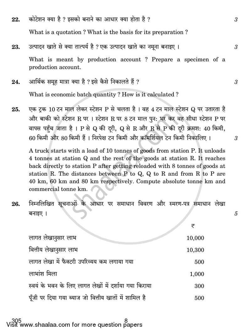 Cost Accounting 2016-2017 Class 12 - CBSE (Central Board of Secondary Education) question paper with PDF download