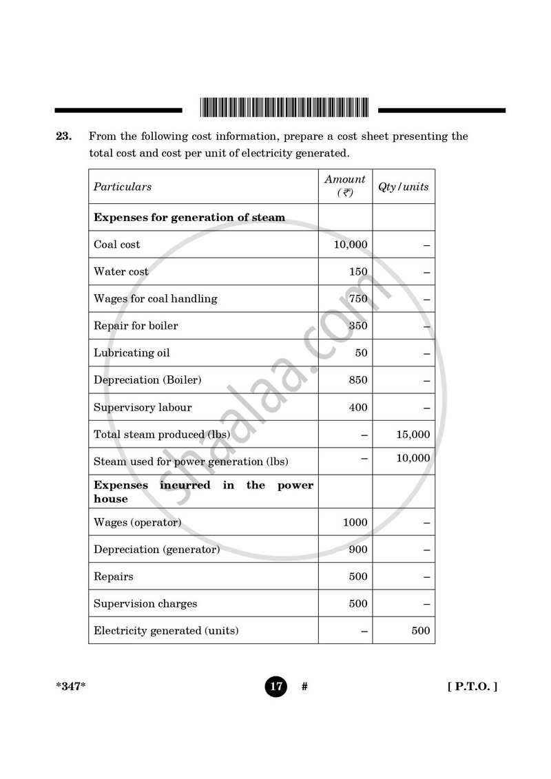 Cost Accounting 2024-2025 Class 12 - CBSE (Central Board of Secondary Education) question paper with PDF download