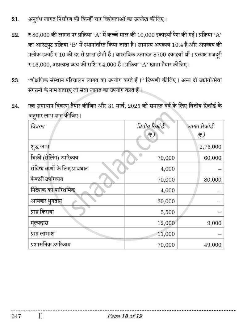 Cost Accounting 2025-2026 Class 12 - CBSE (Central Board of Secondary Education) question paper with PDF download