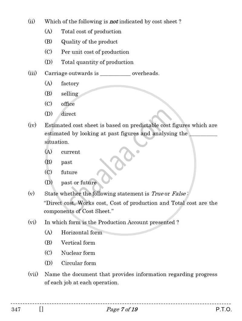Cost Accounting 2025-2026 Class 12 - CBSE (Central Board of Secondary Education) question paper with PDF download