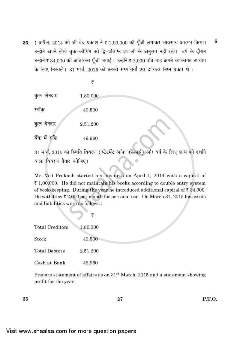 Elements of Book-keeping and Accountancy 2015-2016 Class 10 - CBSE (Central Board of Secondary Education) question paper with PDF download