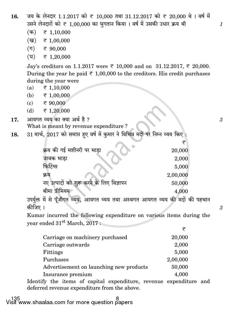 Elements of Book-keeping and Accountancy 2018-2019 Class 10 - CBSE (Central Board of Secondary Education) question paper with PDF download
